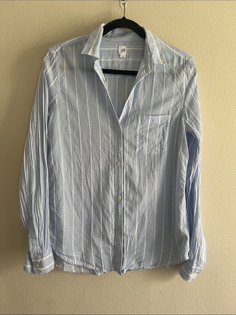 GAP Womens M Tall Blue White Striped Button Down Shirt 100% Cotton Eyelet